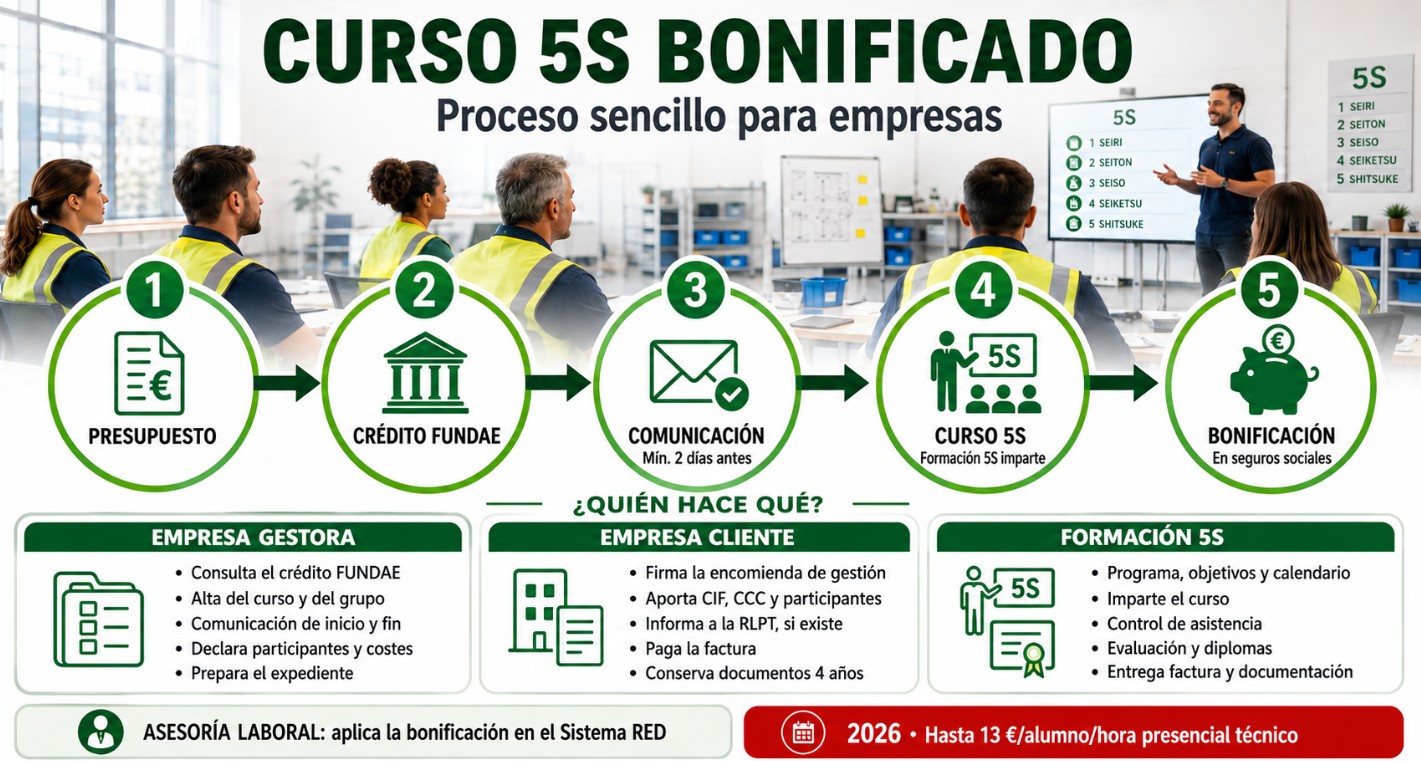Infografía del proceso de formación bonificada 5S y responsabilidades de la empresa gestora, empresa cliente y asesoría laboral