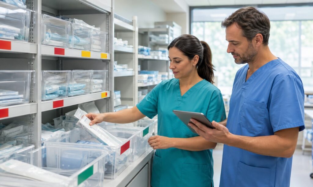 Profesionales sanitarios aplicando las 5S en un almacén hospitalario