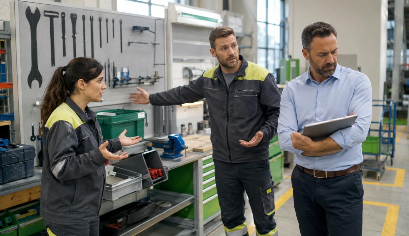 Trabajadores intentando explicar problemas durante un proyecto 5S mientras el responsable no escucha