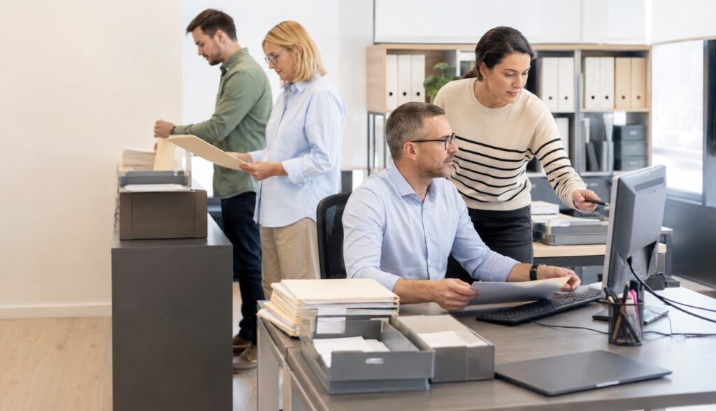 Equipo administrativo organizando documentos y puestos de trabajo durante un proyecto 5S en una oficina.