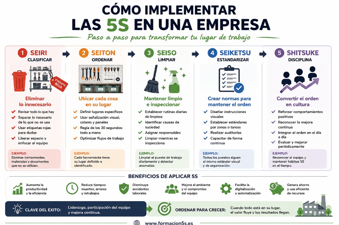 Infografía sobre cómo implementar las 5S en una empresa paso a paso