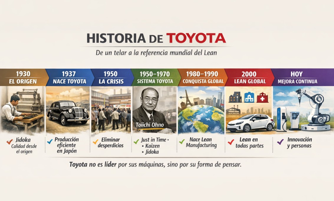 Historia de Toyota y evolución del Sistema de Producción Toyota como origen de los principios del Lean Manufacturing y la mejora continua.
