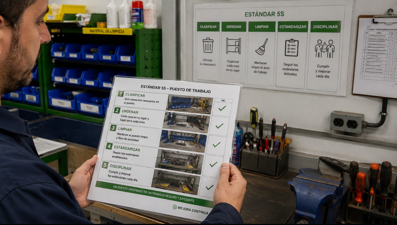 Estándar 5S para mantener el orden, la limpieza, la organización y la gestión visual en los puestos de trabajo.