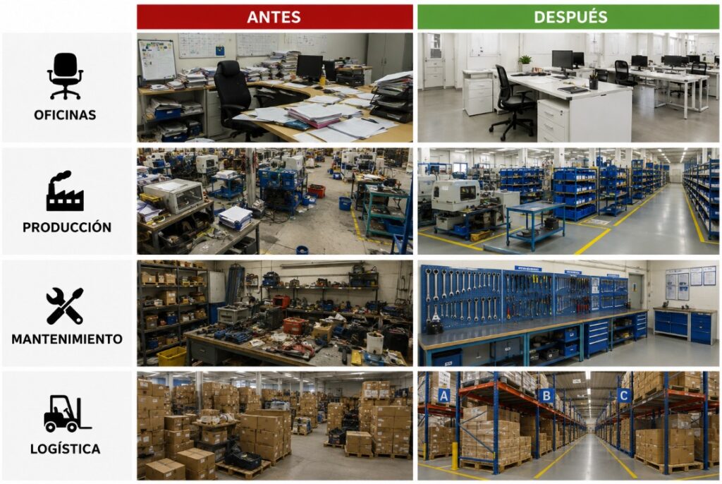 Antes y después 5S en oficinas, producción, mantenimiento y logística