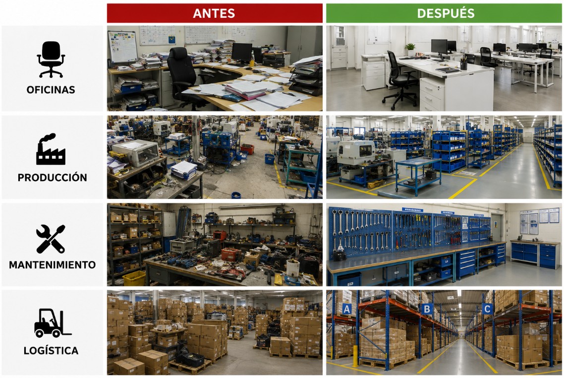 Antes y después 5S en oficinas, producción, mantenimiento y logística