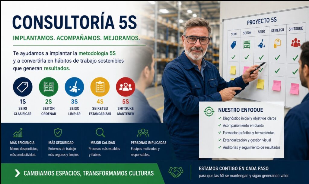 Consultoría 5S para empresas con acompañamiento práctico e implantación de la metodología 5S