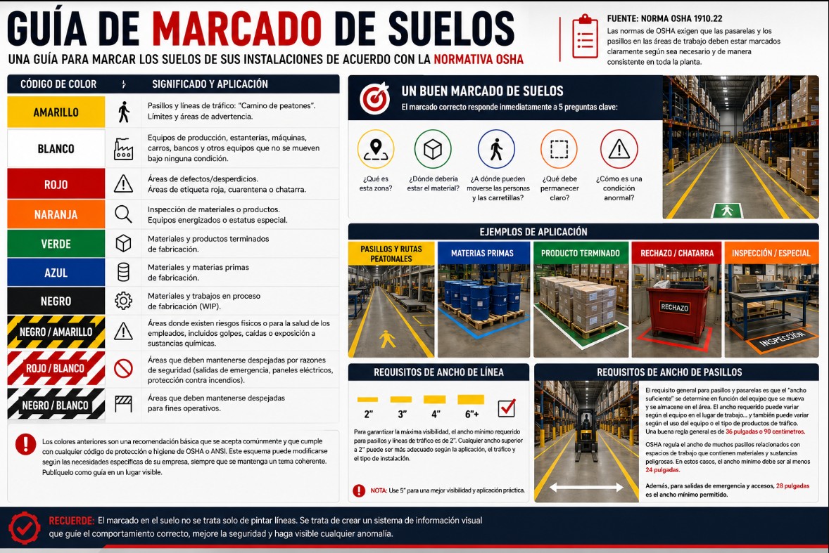 Guía de marcado de suelos industriales con código de colores para pasillos, materiales, producto terminado, zonas de rechazo, inspección y seguridad aplicando 5S y Gestión Visual.