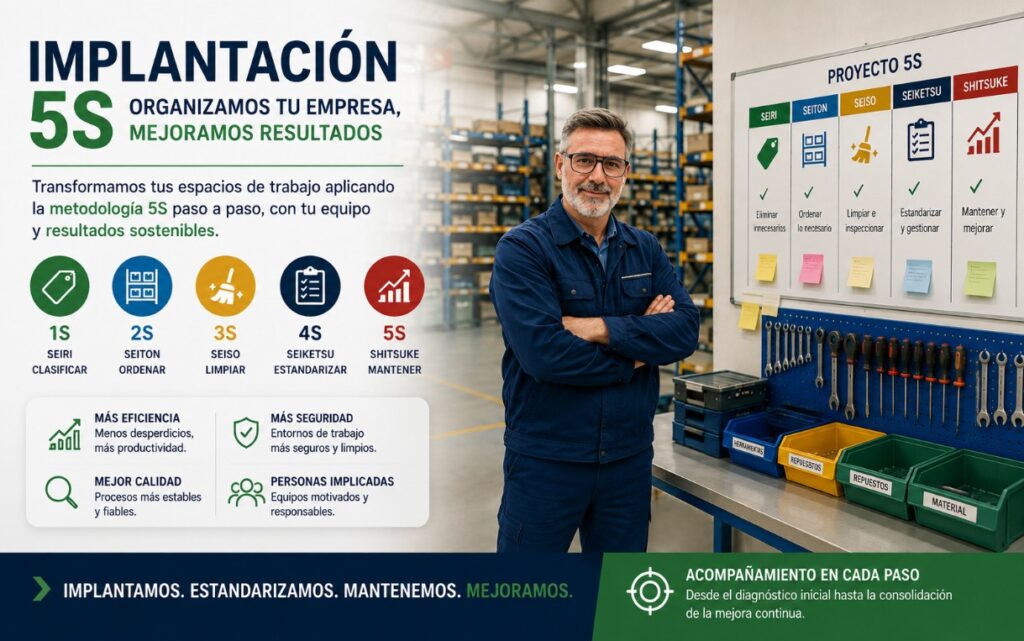 Implantación 5S en empresa con organización del puesto de trabajo, gestión visual y metodología 5S