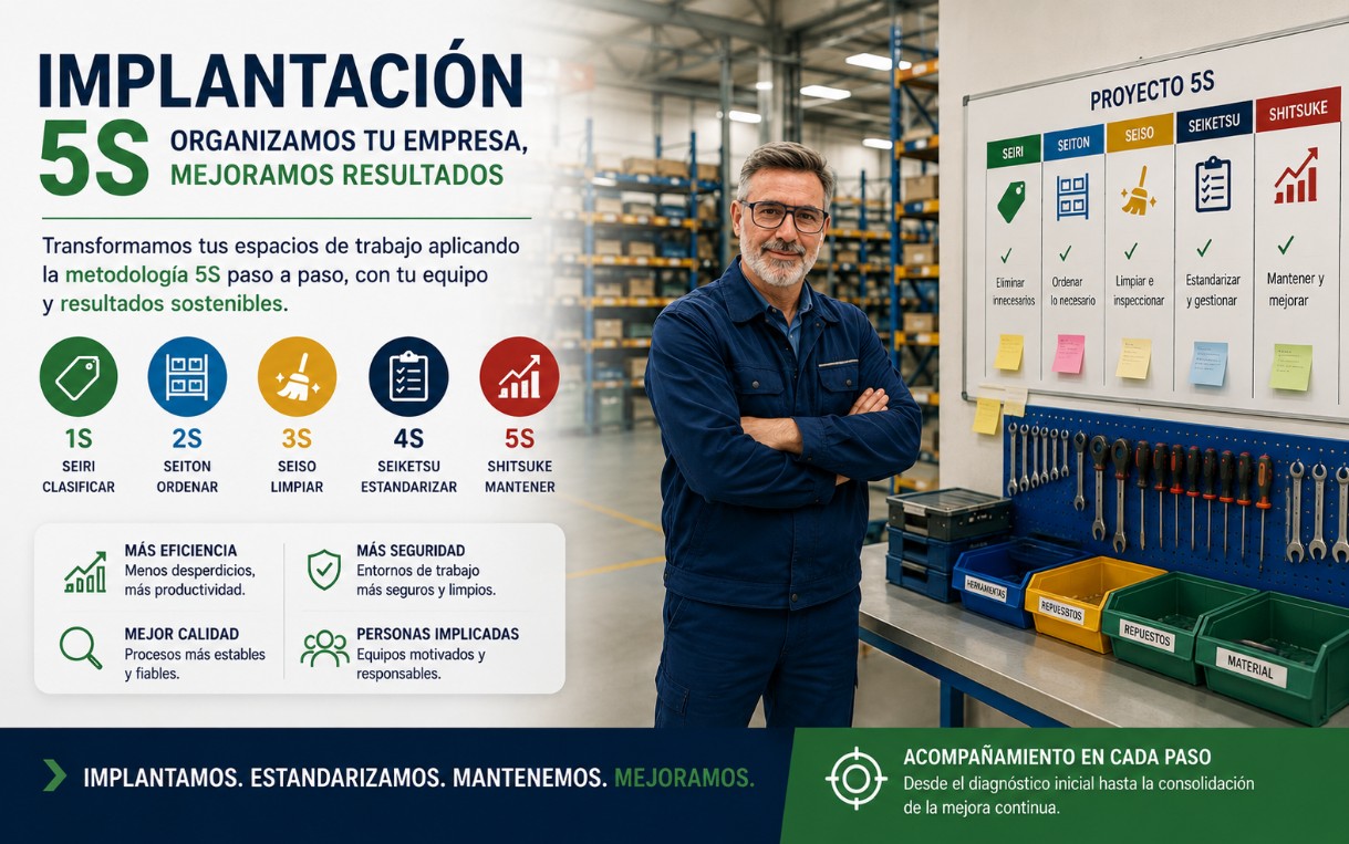 Implantación 5S en empresa con organización del puesto de trabajo, gestión visual y metodología 5S