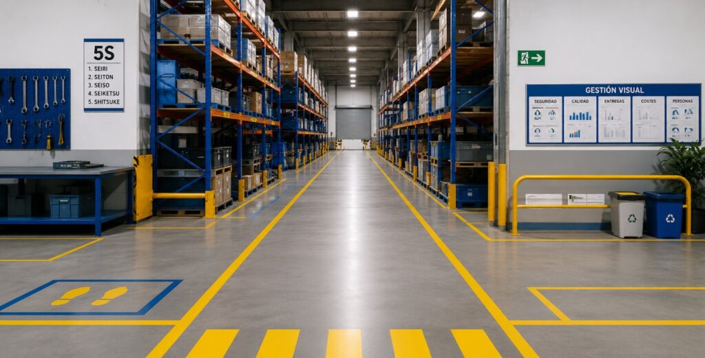 Almacén industrial organizado con marcado de suelo 5S, pasillos señalizados, zonas delimitadas y herramientas de Gestión Visual.